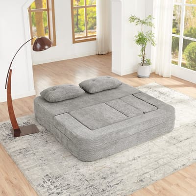 OKWISH Slaapbank 2-Zits Met Fauteuil - Opklapbaar Tot Logeerbed En Vloerbank - Stof - Lichtgrijs