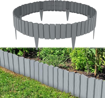 2,3 m kunststof gazonrand, houtlook, perkomranding, bloembedrand, tuinpalissade, flexibele randstenen, gazonranden, bloemhek, 4 stuks, grijs