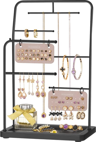 SONGMICS - Sieradenhouder - Sieradenhouder van Metaal - 2 Oorbelorganizers - 6 Hangers voor Kettingen en Armbanden