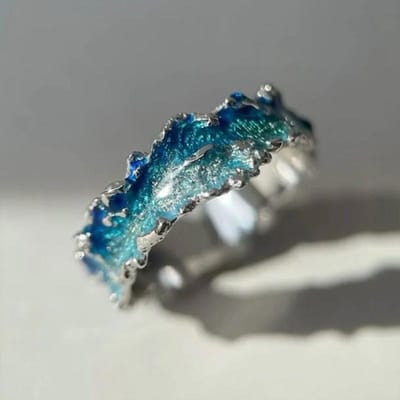 Huitan Uniek Ontwerp Oceaan Golf Blauw Emaille Ringen voor Vrouwen Koperkleurig Verfijnde Zomer Vakantie Accessoires Statement Sieraden 6 gray