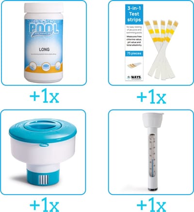 Zwembad Onderhoudspakket - Onderhoud Zwembad - bevat Chloor - Testrips - Chloordrijver en Thermometer (4-delig)