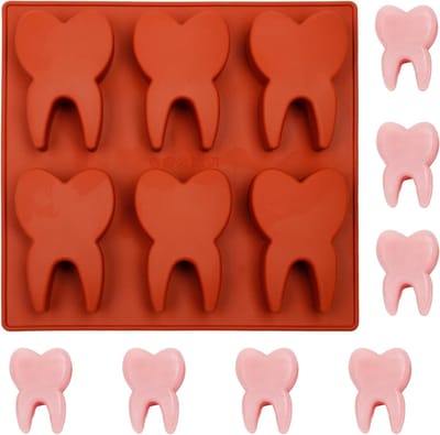 Tandvormige siliconen mallen, rood, bakplaat met 6 tandvormige holtes voor chocolade, snoep, gelei, koekjes, ijsblokjes, zeep, taartdecoratie en kunsthars.