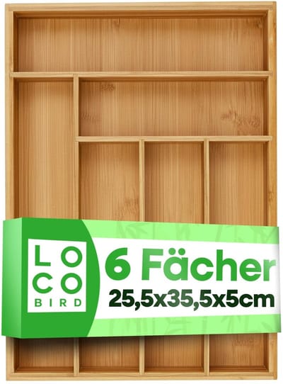 Dailygoods- Bestekbak Bamboe 6 Vakken - Verstelbare Lade Organizer - Keuken Organizer - Bestekhouder - Houten Bestekbak - 25,5 x 35,5 x 5 cm