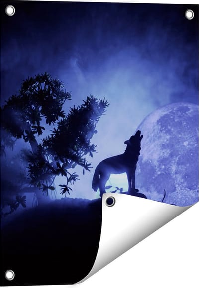 Gards Tuinposter Huilende Wolf in Silhouet bij Volle Maan - 40x50 cm - Tuindoek - Tuindecoratie - Wanddecoratie buiten - Tuinschilderij