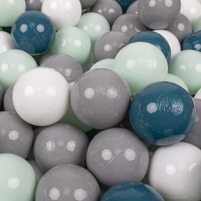 KiddyMoon 300 ballen/7cm kinderballen speelballen voor ballenbad baby éénkleurige plastic ballen made in eu, donker turquoise/grijs/wit/mint