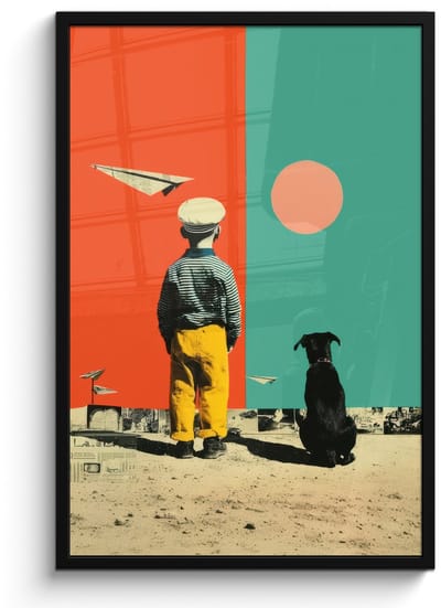 Poster in lijst - Fotolijst 60x90 cm - Posters - Retro - Jongen - Hond - Rood - Groen - Posterlijst zwart - Decoratie - Wanddecoratie woonkamer - Muurdecoratie slaapkamer