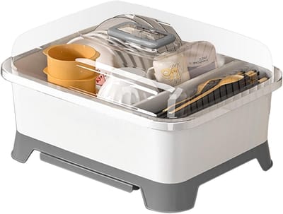 Bordenrek met Deksel - Servies Organizer - Aanrecht Opslag - Stof- en Waterafvoerend - 35.3x16.3x16.3 cm - Wit