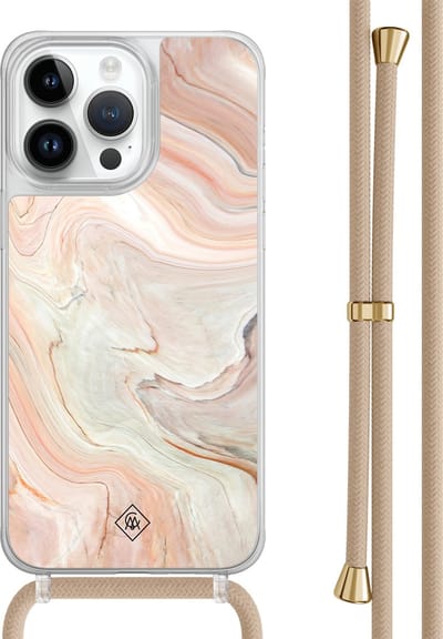 Casimoda® hoesje met beige koord - Geschikt voor iPhone 14 Pro Max - Marmer Waves - Afneembaar koord - TPU/polycarbonaat - Bruin/beige