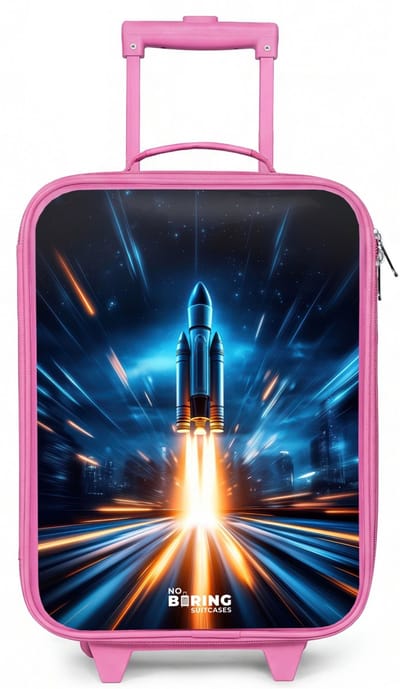 NoBoringSuitcases.com® - Kinderkoffer roze - Kindertrolley meisje - Ruimteraket stijgt op in nachtelijk lichtspektakel - Koffer kind lichtgewicht - Reiskoffer trolley voor kinderen - Koffertje met lichtgevende wieltjes - Rolkoffer