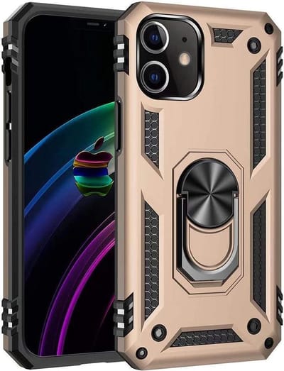 HB Hoesje Geschikt voor Apple iPhone 12 Mini - Goud - Anti-Shock Hybrid Armor Back Cover - Hoes met Kickstand Ring