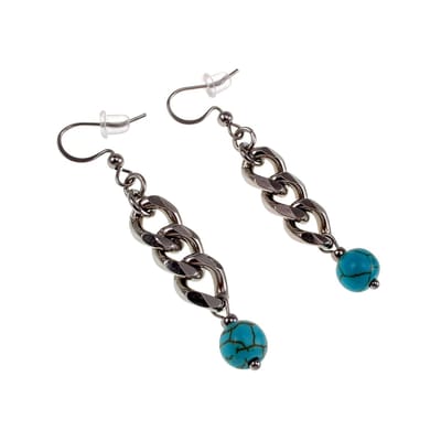 Oorbellen Dames - RVS - Haakoorbellen met Ketting en Turquoise Steen - 53mm Lange - Handgemaakt en Ontworpen door esde2