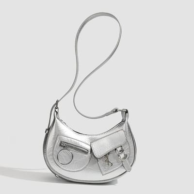 Niche Design Mode Retro Punk Maanvormige Tas Alles Eenvoudige Stijl Enkele Schouder Crossbody Tas zilver