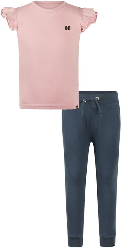 Koko Noko - Basic collection - Biologisch katoen - Kledingset - 2 delig - Joggingbroek Navy - Shirt Dusty pink met roesjes - Maat 92