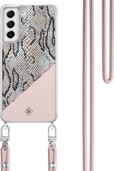 Casimoda® hoesje met koord - Geschikt voor Samsung S21 FE - Snake Print - Afneembaar koord - TPU/polycarbonaat - Roze