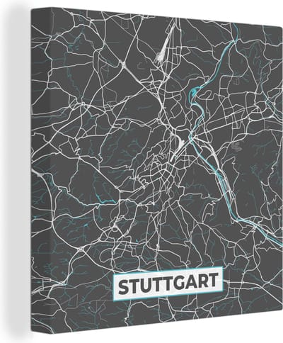 Canvas Schilderij Blauw – Duitsland – Plattegrond – Stadskaart – Kaart – Stuttgart - 20x20 cm - Wanddecoratie