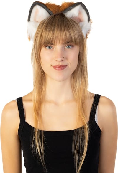 KIMU® Haarband Furry Oortjes Zwart Bruin Wit - Kat Poes Vos Diadeem Dons Dieren - Evenement Dierenoren Oor Oren Vilt Lynx Hond Wolf Haren Festival