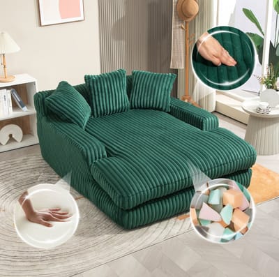DESMIU Chaise Longue 125 x 155 x 63 cm - Met 3 Kussens En Zonder Montage - Voor Woonkamer En Kantoor - Ribstof Smaragdgroen