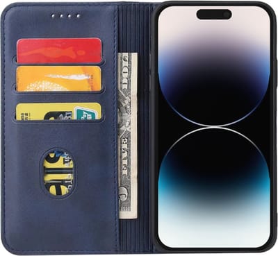 Smartphonica iPhone 14 Pro kunstleren hoesje met magnetische sluiting en pashouders book case - Blauw geschikt voor iPhone 14 Pro
