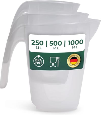 Novaliv maatbekerset 250ml 500ml 1000ml, maatbeker keukenset transparant met duidelijke g/ml schaalverdeling voor vloeistoffen bloem & suiker, Made in Germany, vaatwasserbestendig, mengkom maatbeker