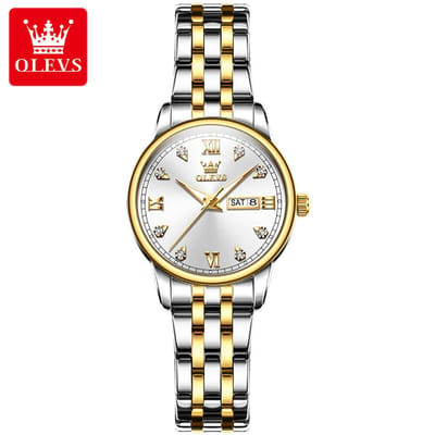 HO-5525L.gz : Olevs stijlvol goud/zilverkleurig edelstaal quartz dameshorloge, zilverwitte wijzerplaat, weekdag & datum