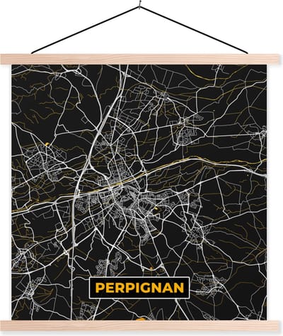 Posterhanger incl. Poster 40x40 cm - Schoolplaat - Frankrijk – Perpignan - Kaart – Plattegrond – Stadskaart - Textielposter - Blanke latten - Stadskaart