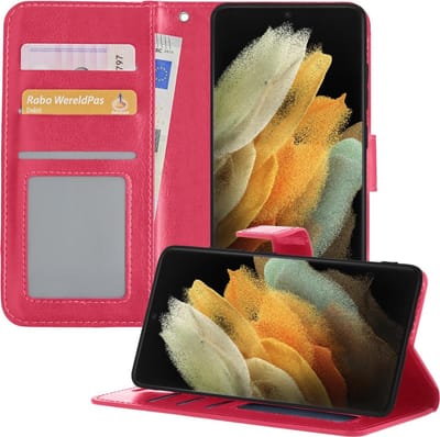 Hoesje - Met Pasjeshouder - Geschikt voor Samsung Galaxy S21 Ultra - Luxe Bookcase Portemonee - Flip Case - Kunstleer Book Case - Flipcase - Book Cover - Walletcase - Portemonneehoes - Telefoonhoesjes - Donkerroze