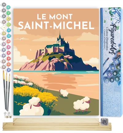 Figured'Art Schilderen op Nummer Volwassenen canvas Reisposter Mont Saint-Michel- Handwerk acrylverf Kit DIY Compleet - 40x50cm met DIY houten lijst
