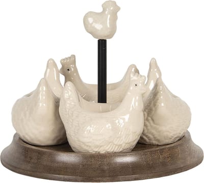Clayre & Eef Eierdopje Set van 4 Kip Ø 19x16 cm Beige Keramiek Eierhouder
