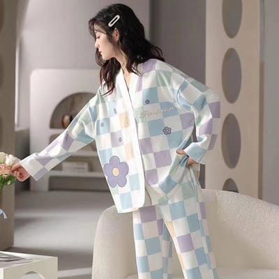 Lente en Herfst Dames Pyjama Leuke Lange Mouwen Paars Ruit Kan Buiten Gedragen Worden Het Pak Huiskleding Lange Mouwen Groen Ruit One size paars
