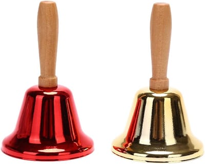 Handbellen Set - Kerst Rinkelbellen - Feestelijke Aankondiging - Houten Handvat - 2 Stuks - Zilver Zwart