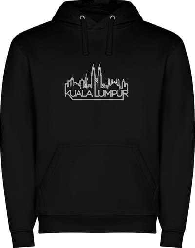 Zwarte unisex hoodie met “ Skyline Kuala Lumpur – Vakantiegevoel – Strak – Modern “ Print Full Color Color merk Roly maat S