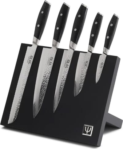 Yaxell Tsuchimon Messenset – 6-delig – Beukenhouten Magnetische Messenhouder met 5 Messen – 3 Lagen Damaststaal – VG10 Staal – Canvas-Micarta Heft