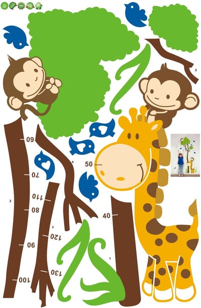 Muurstickers, decoratieve plakstrips, groeimeter, boom en aap