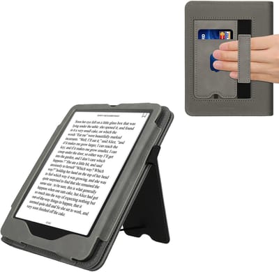 kwmobile e-reader hoesje geschikt voor Amazon Kindle Paperwhite (2024)/Colorsoft hoes - E reader flip case van kunstleer - Ereader cover met stand - Opkomende Zon design in grijs