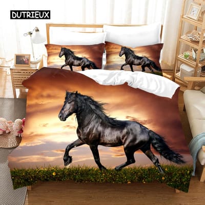 Dekbedovertrek Galopperend Paard Beddengoedset Dier Dekbedovertrek Zacht Dekbed Grasland Queen Size voor Decor Jongen Tieners Volwassen Slaapkamer EU Double(200x200cm)