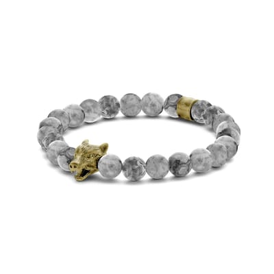 Frank 1967 7FB-0590 Heren armband - Kralen - Jaspis - Grijs - 8 mm Doorsnee - Rekbaar - Wolf - Staal - Vintage Look - Goudkleurig
