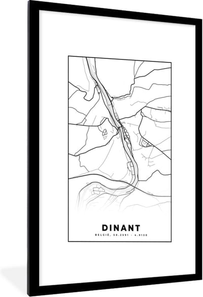 Fotolijst incl. Poster Zwart Wit- Zwart Wit – België – Plattegrond – Stadskaart – Kaart – Dinant - 60x90 cm - Posterlijst