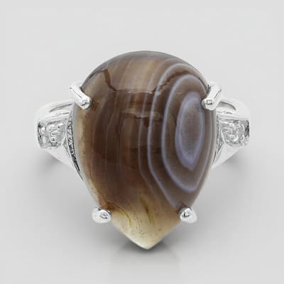 Cavill - Zilveren Damesring 925 Sterling met 7,67 ct Botswana Agaat en 0,05 ct Witte Topaas - Elegante Druppelvormige Edelsteen