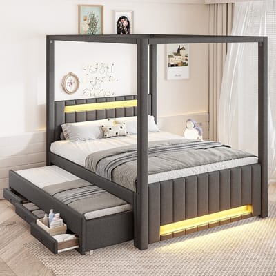 4-posterbed 140x200 - Hemelbed Met Uitschuifbed En 3 Lades - Bed Met Led Verlichting - Softbed Met Linnen Stoffering - Grijs