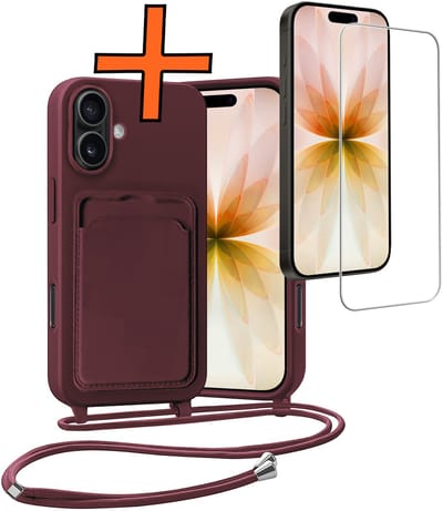 Hoesje Geschikt voor iPhone 17 Hoesje Met Telefoonketting Pasjeshouder Case Met Screenprotector Koord - Hoesje Geschikt voor iPhone 17 Hoes Met Kaarthouder - Aubergine