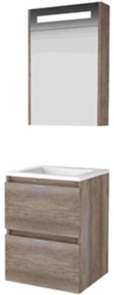 Basic-Line Premium 46 Badkamermeubelset - 50 x 46 cm - Greeploos - 2 Lades - Acryl Wastafel - Zonder Kraangat - Spiegelkast met LED Verlichting - Scotch Oak
