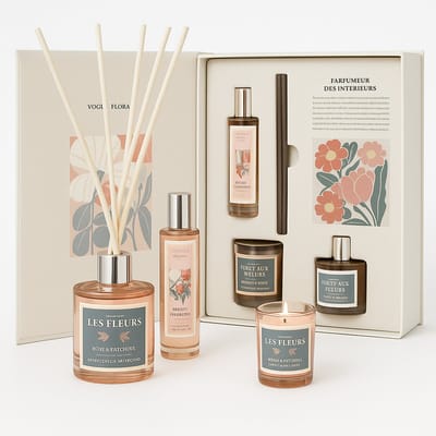 Luxe Geurcadeau Set – Geurkaars, Geurstokjes & Spray – 25 x 19 x 6 cm – Cadeaubox – Geschenkset voor Vrouwen & Mannen – Huisparfum / Interieurparfum – Bloemig & Fris – Beige