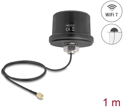 Delock WiFi 7 Antenna RP-SMA plug 3.1 - 3.5 dBi omnidirectional with connection cable ULA100 1 m roof mounting outdoor black