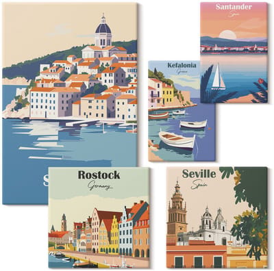 Wallfluent Set van canvas schilderijen - Landschappen van Europese kust- en havensteden Canvas Schilderijen Set - Set van 5 Canvas Schilderijen - Veelkleurig Set van Canvas Prints - Steden Canvas Kunst Set - Boheemse Canvas Kunst Set