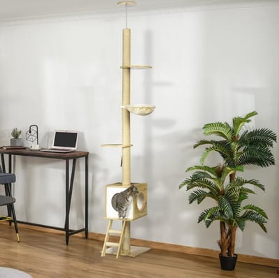 MEUNIQ Krabpaal dekenhoog 40 x 40 x 240-260 cm met kattenhuis, twee platformen, hangmat, ladder en speelbal, verstelbare hoogte, bruin en beige