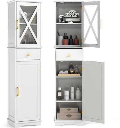 COSTWAY Badkamerkast, hoge kast met verstelbare planken, lade, 2 deuren, hoge badkamerkast, opbergkast voor badkamer, woonkamer (wit)