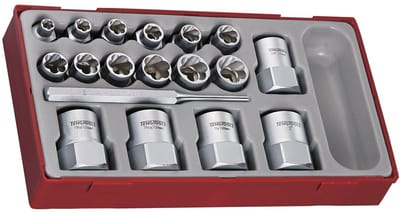 Extractie doppenset TT1 tray 3/8 1/2 voor het verwijderen van beschadigde of afgeronde moeren 18 delig Teng Tools TTBE18