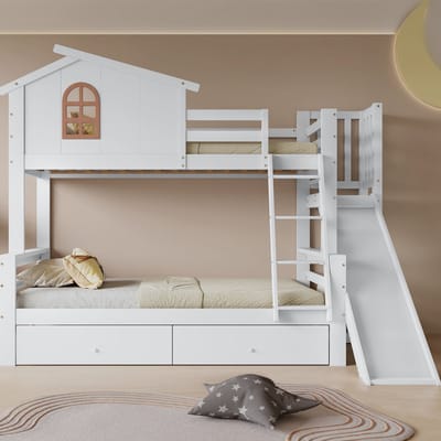 Stapelbed - 90x200 / 120x200 cm - Met Glijbaan - Vensters en 2 Lades - Massief Hout - Wit