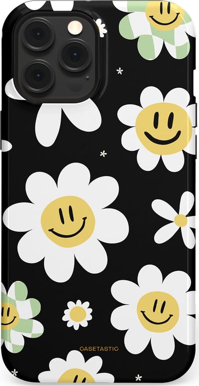 Casetastic hoesje geschikt voor Apple iPhone 12 Pro Max - MagSafe - Dubbellaagse bescherming - Vrolijke Madeliefjes - Fashion Case - Zwart Wit Grijs Goud