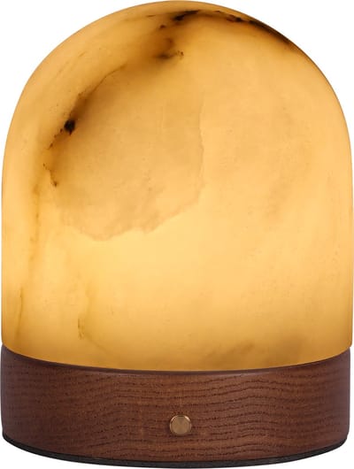 Atmooz Edmonto Tafellamp Oplaadbaar – H12 cm – compacte LED tafel lamp binnen – decoratieve tafellamp voor dressoir of tafel – geïntegreerde LED 3000K – eikenfineer voet met alabaster kap – moderne sfeerlamp – bruin